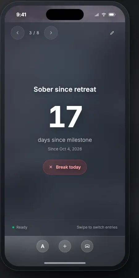 A fictional days-since counter in mobile Focus, showing 17 days, its starting date, and the Break today action.