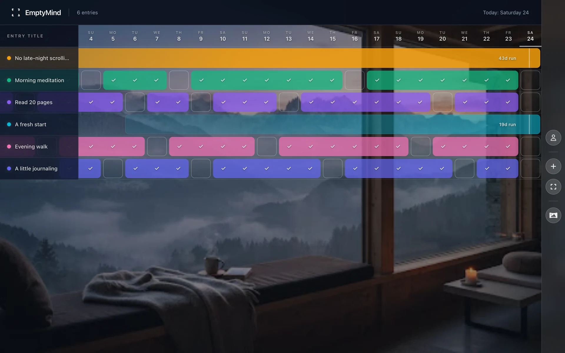 Desktop Grid with fictional colored habit rows, checked days, and days-since counter timelines.