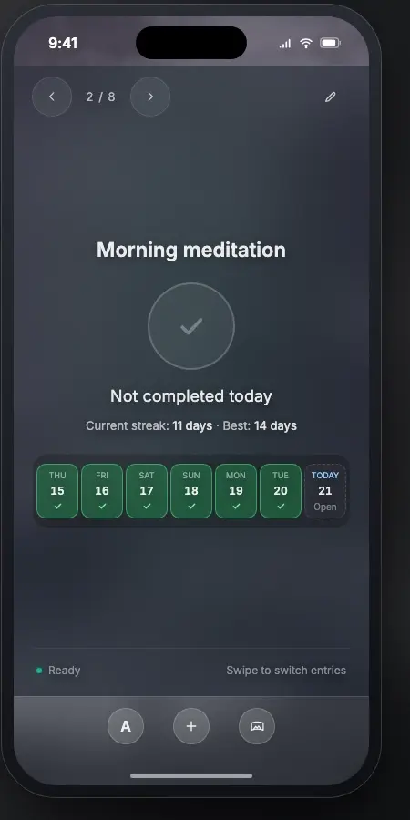 A fictional meditation habit in mobile Focus, showing today’s check-in, current and best streaks, and the recent seven days.